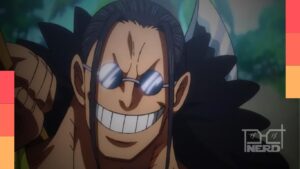 Scopper Gaban, o ex-braço esquerdo do Rei dos Piratas, surgindo em Elbaf ao lado de Luffy e outros Chapéus de Palha