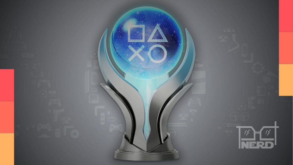 Ilustração estilo gamer mostrando troféu de platina ao lado de um cartão de bolsa de estudos e interface de conquistas.