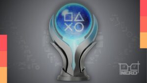 Ilustração estilo gamer mostrando troféu de platina ao lado de um cartão de bolsa de estudos e interface de conquistas.
