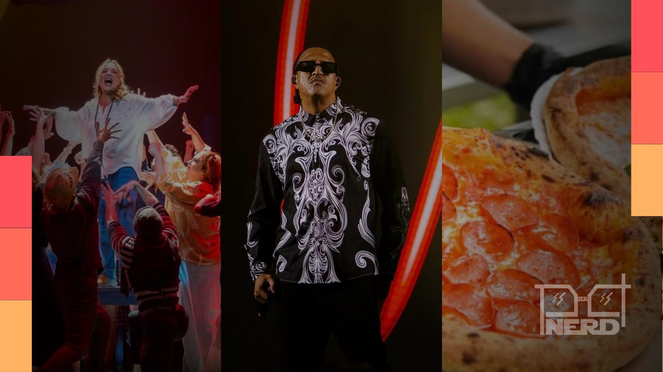 Montagem com elementos de cultura pop em São Paulo: anime, drag, musical e gastronomia