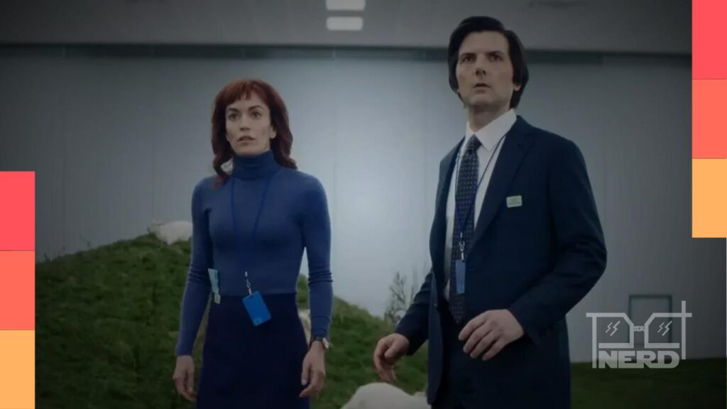 Foto de Ben Stiller e referência ao final da 2ª temporada de Ruptura, com Mark S. e Helly R. correndo pelos corredores da Lumon