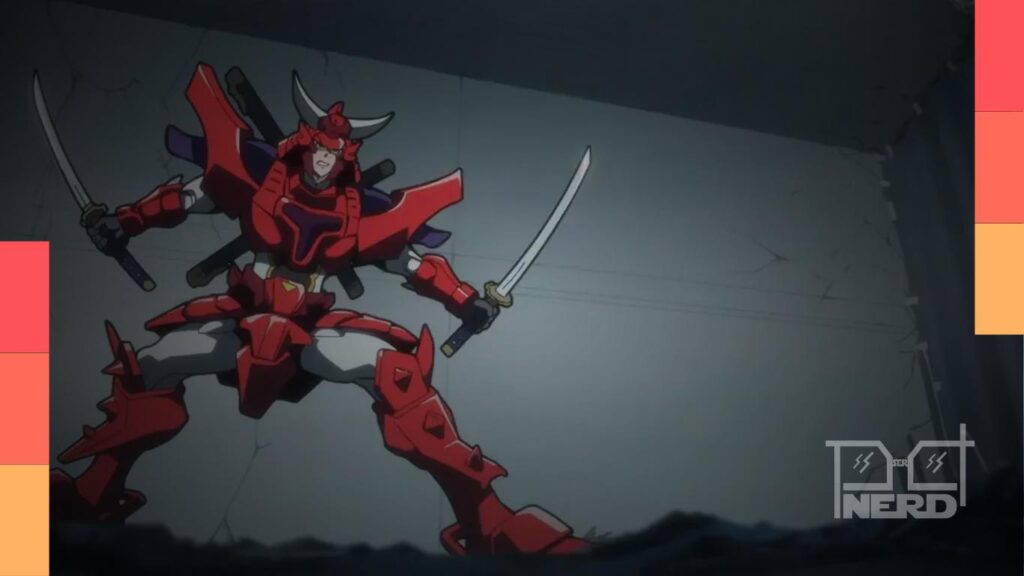 Cena de um samurai usando a armadura Yoroi Gear em Yoroi Shin Den Samurai Troopers