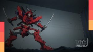 Cena de um samurai usando a armadura Yoroi Gear em Yoroi Shin Den Samurai Troopers