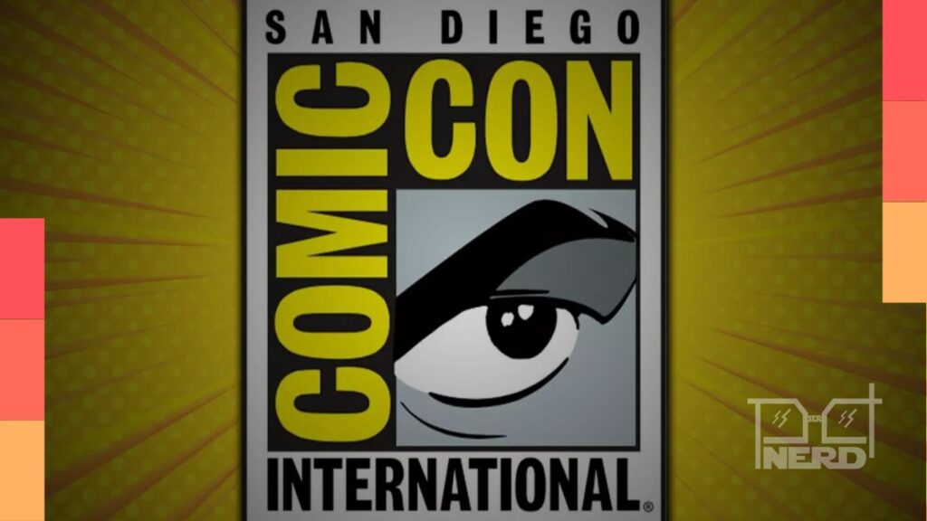 Mulher e homem em clima geek com pôsteres de Marvel, DC, jogos e animes representando a SDCC 2026