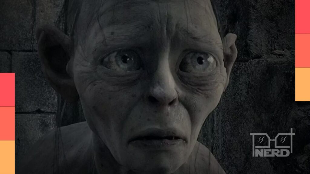 Andy Serkis em cena e representação de IA aplicada a rejuvenescimento no filme O Senhor dos Anéis: Caçada a Gollum