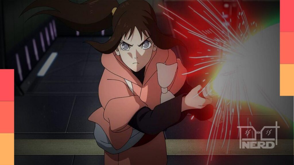 Personagem Jedi em cenário espacial no anime Star Wars: The Ninth Jedi, com sabre de luz aceso