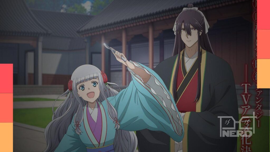 Imagem promocional do anime The Eccentric Doctor of the Moon Flower Kingdom com personagens principais Koyō e Keiun no Reino da Flor da Lua