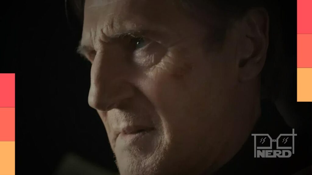 Liam Neeson em cena de The Mongoose durante uma perseguição com clima tenso de thriller de ação