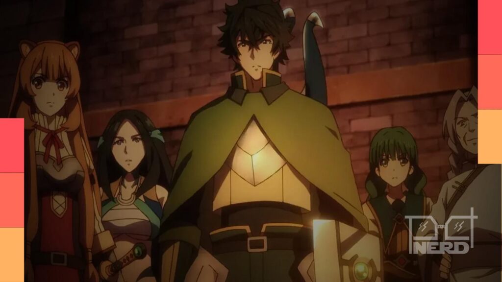 Cena do trailer de The Rising of the Shield Hero com o escudo do Naofumi e clima de batalha