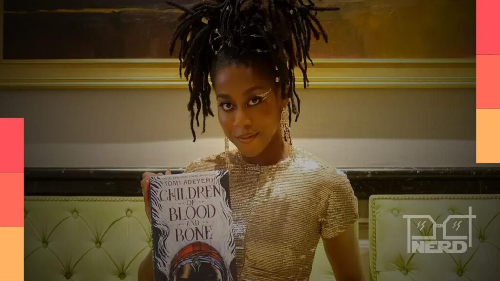 Retrato de Tomi Adeyemi e referência a Filhos de Sangue e Osso, com indicação de afastamento da adaptação