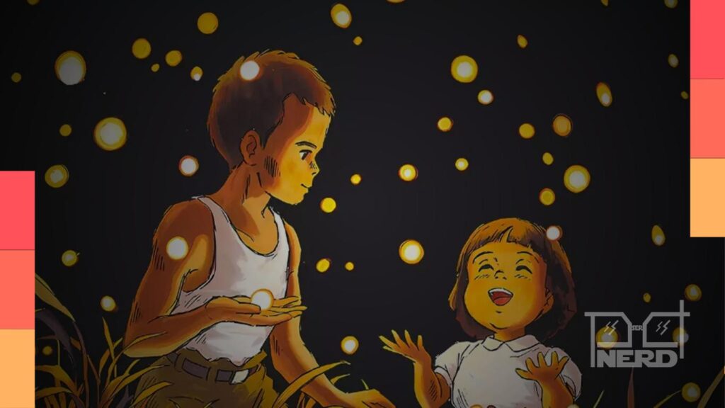 Ilustração temática de Túmulo dos Vagalumes com foco no relançamento na Cinemark