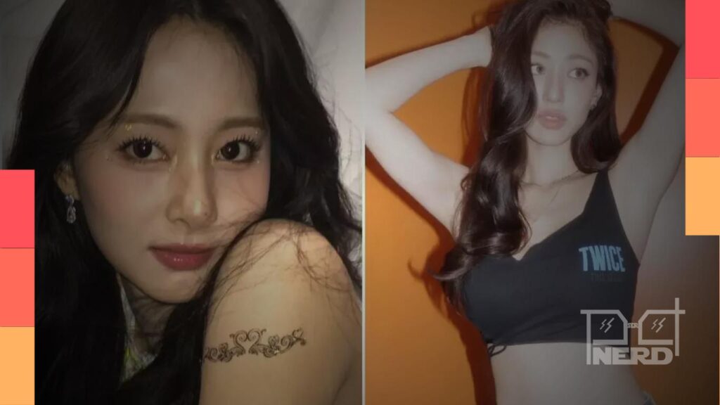 Foto ilustrativa de Tzuyu e Jihyo do TWICE com fundo temático de negociações de contrato