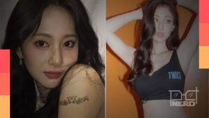 Foto ilustrativa de Tzuyu e Jihyo do TWICE com fundo temático de negociações de contrato