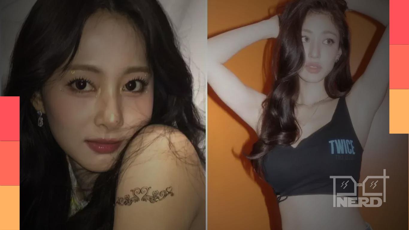 Foto ilustrativa de Tzuyu e Jihyo do TWICE com fundo temático de negociações de contrato