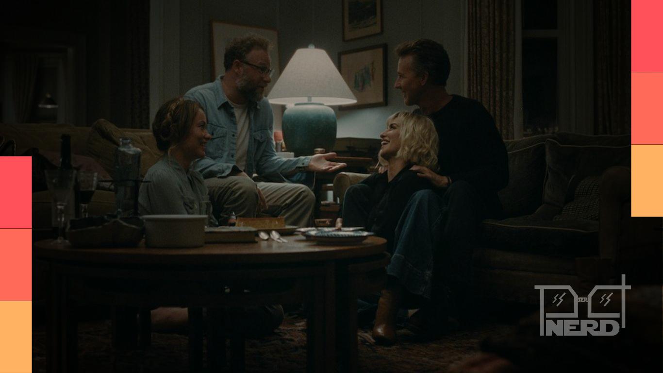 Angela e Joe em um jantar tenso no apartamento enquanto vizinhos não monogâmicos mudam a noite no filme O Convite