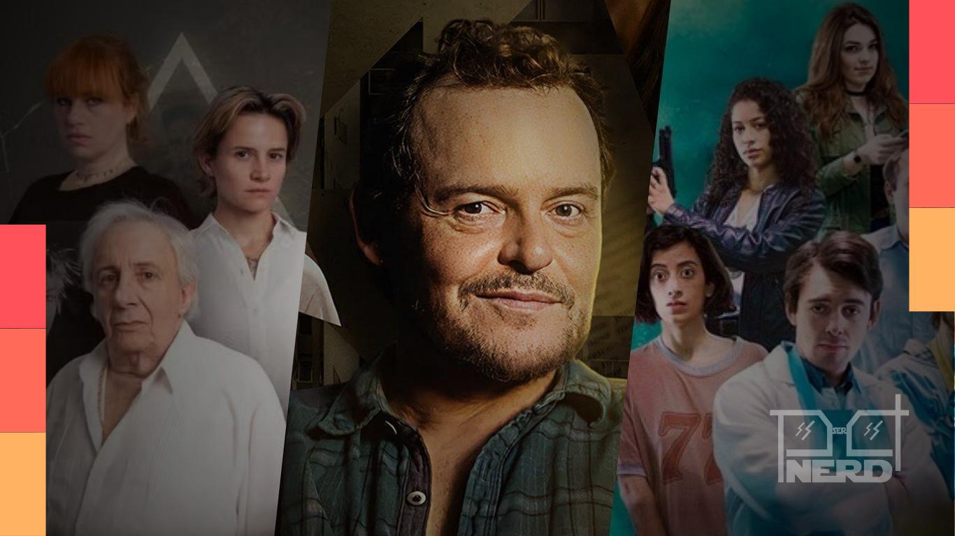Várias capas de séries brasileiras do Canal Brasil disponíveis no Globoplay, destacando maratona em poucos episódios