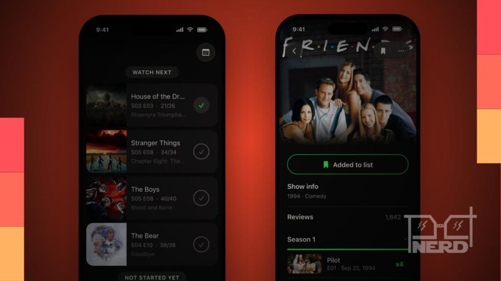 Tela do app Bingers mostrando lista de episódios e informações para importar dados do TV Time