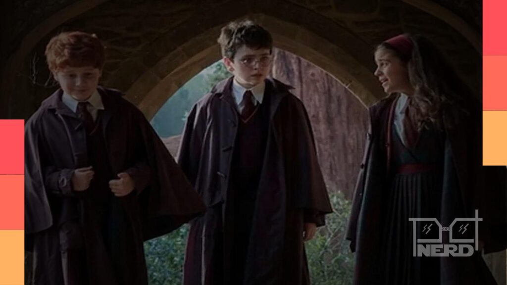 Imagem de divulgação da série de Harry Potter na HBO, com membros do elenco e cenário de fantasia
