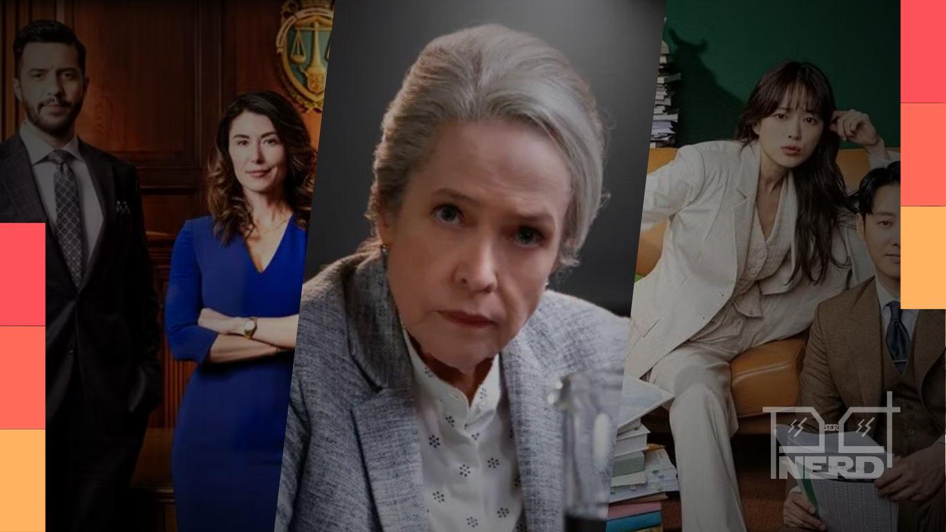 Ilustração de tribunal com toga e brilho de streaming, representando séries jurídicas do Globoplay