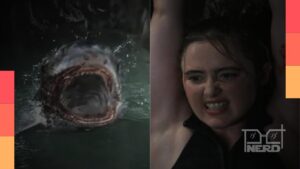 Kathryn Newton em cena do filme de tubarão A Boca do Diabo, original do Prime Video