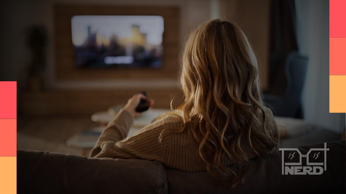 Ilustração com interface de app e ícones de séries e filmes representando apps para registrar filmes e séries assistidos