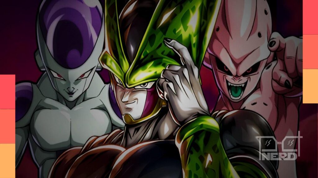 Ilustração com personagens vilões em estilo anime, game e cinema em destaque