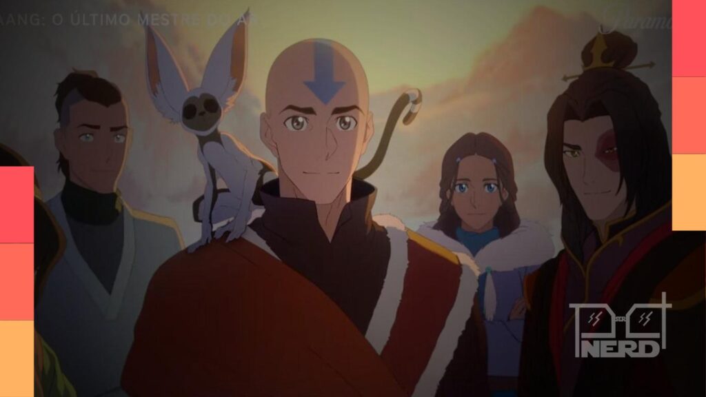 Imagem ilustrativa de Aang e elementos de dobragem com destaque para chegada do filme à Paramount+ em 25 de julho