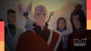 Imagem ilustrativa de Aang e elementos de dobragem com destaque para chegada do filme à Paramount+ em 25 de julho