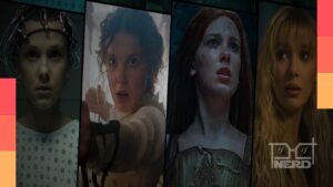 Millie Bobby Brown em divulgação da Netflix, com referência a Stranger Things e Enola Holmes