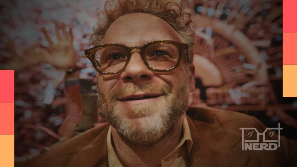 Seth Rogen em cena de O Estúdio, lembrando a carreira como dublador