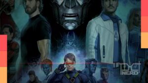 Painel promocional de Vingadores: Doutor Destino com Vingadores, X-Men, Quarteto Fantástico, Loki e o Doutor Destino
