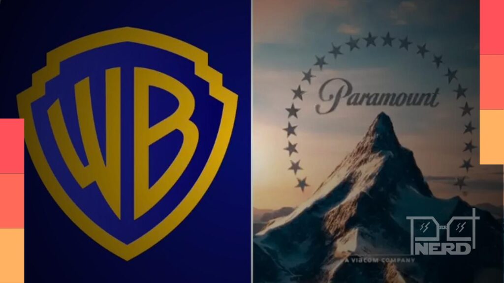 Ilustração com clima jurídico nos EUA e dois estúdios (Warner e Paramount) diante de um tribunal, representando o processo antitruste