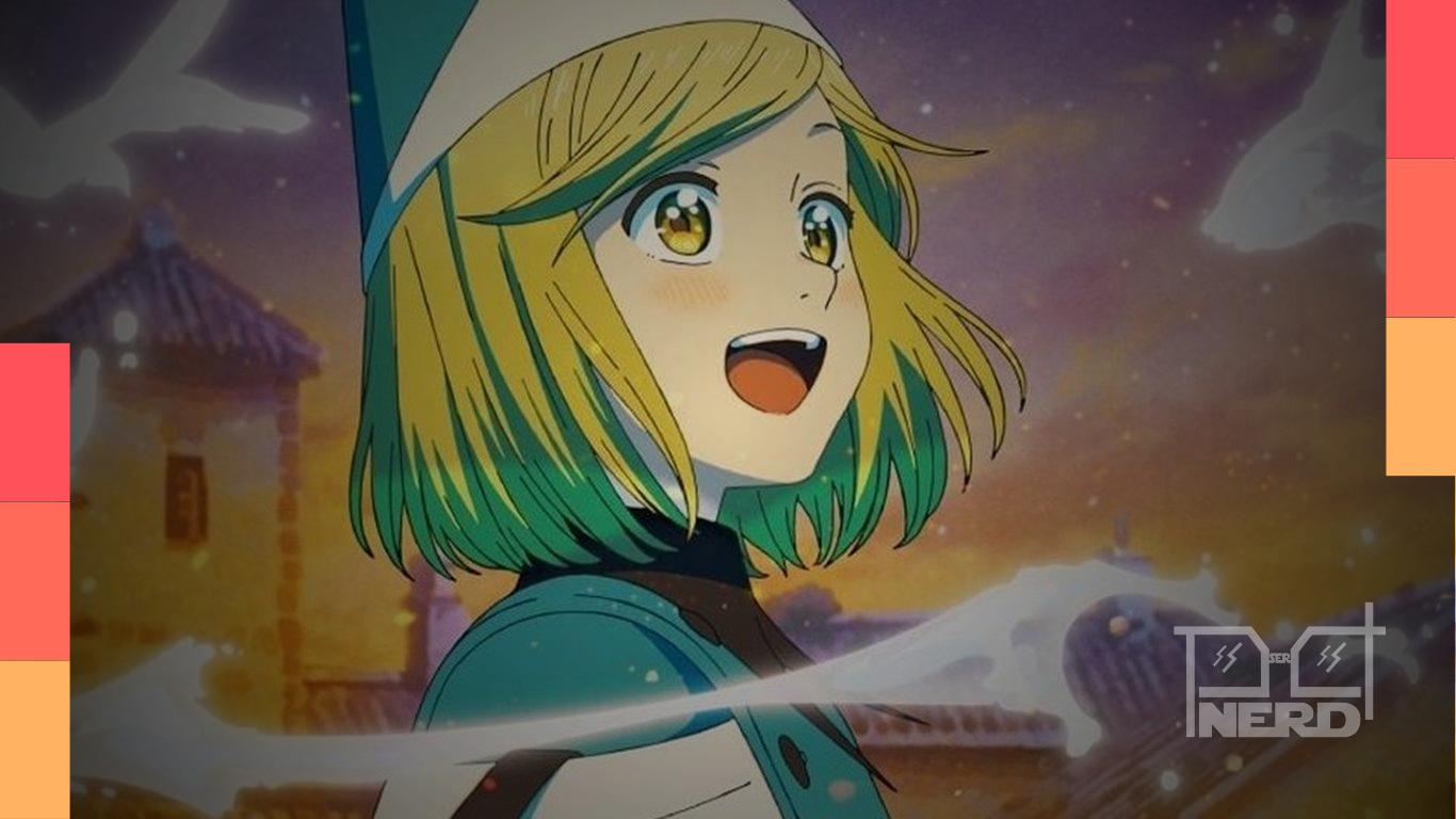 Cena do anime Witch Hat Atelier com a protagonista Coco e símbolos mágicos desenhados, em um mundo de fantasia