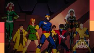 Ilustração de X-Men ’97 com o logo e clima de bastidores mostrando o tema de racismo relatado por Beau DeMayo