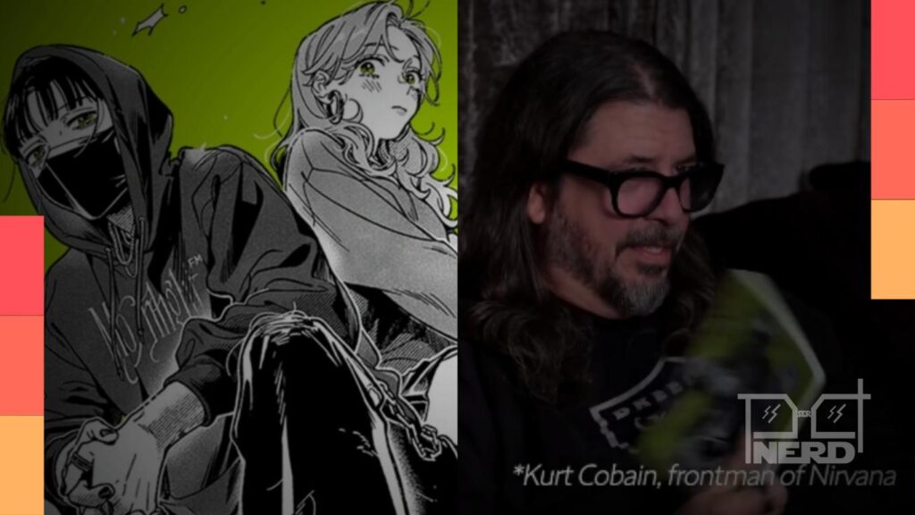 Ilustração do anime Yuri Verde com duas personagens em clima romântico e referência ao Nirvana na abertura