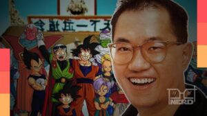 Akira Toriyama em foto e a referência a Dragon Ball ao fundo, com destaque para a confissão sobre não gostar de animes.