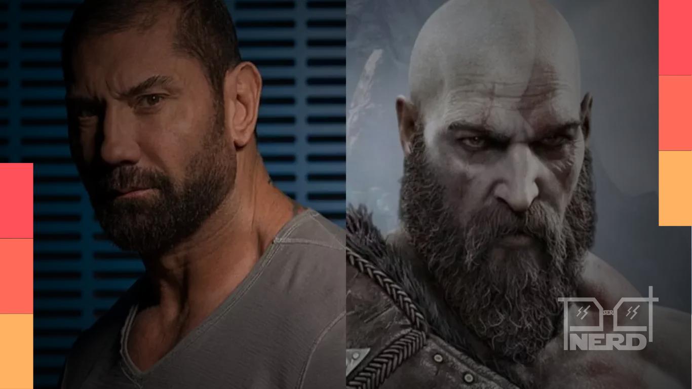 Foto/ilustração de Dave Bautista e referência ao Kratos de God of War em cenário de mitologia nórdica