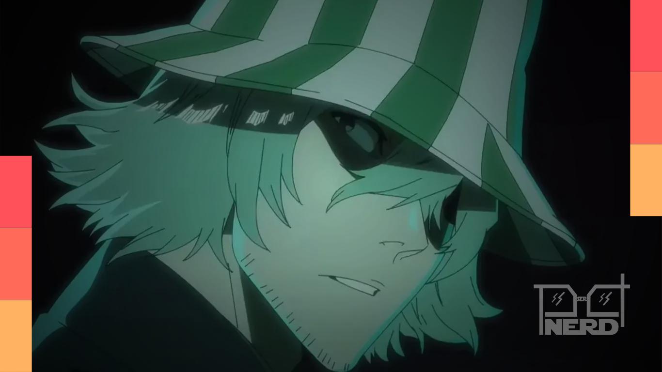Kisuke Urahara ativando a bankai Kannonbiraki Benihime Aratame em Bleach durante a luta contra Askin