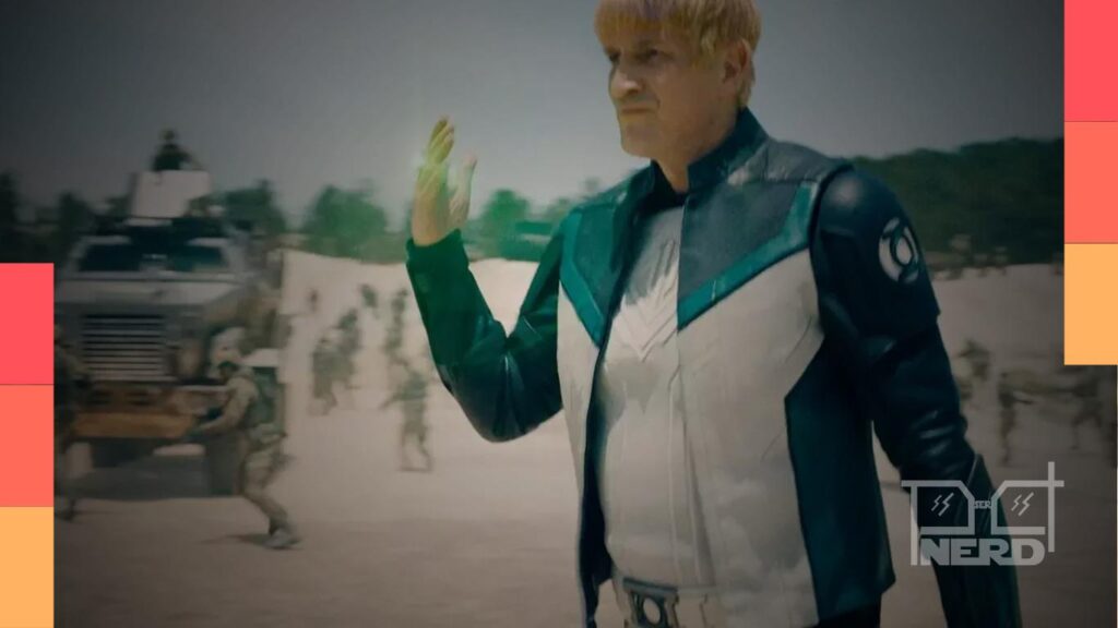 Nathan Fillion interpretando Guy Gardner (Lanterna Verde) em Superman, com referência à atualização do penteado no filme Superman: Homem do Amanhã