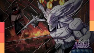 Jogador no Roblox com tema de anime a enfrentar uma masmorra em Anime Dungeons, com destaque para códigos de recompensas grátis.