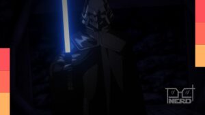 Ilustração do sabre de luz em Star Wars: Visions com o cristal kyber mudando de cor conforme as emoções do usuário