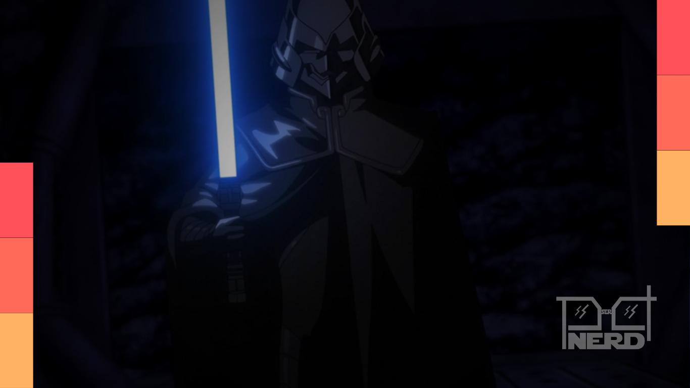 Ilustração do sabre de luz em Star Wars: Visions com o cristal kyber mudando de cor conforme as emoções do usuário