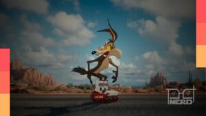 John Cena como advogado da Acme em Coyote vs Acme ao lado de Wile E. Coyote dos Looney Tunes