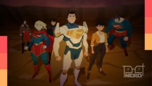 Clark, Lois, Jimmy e Supergirl em cena de Minhas Aventuras com Superman com estética de anime