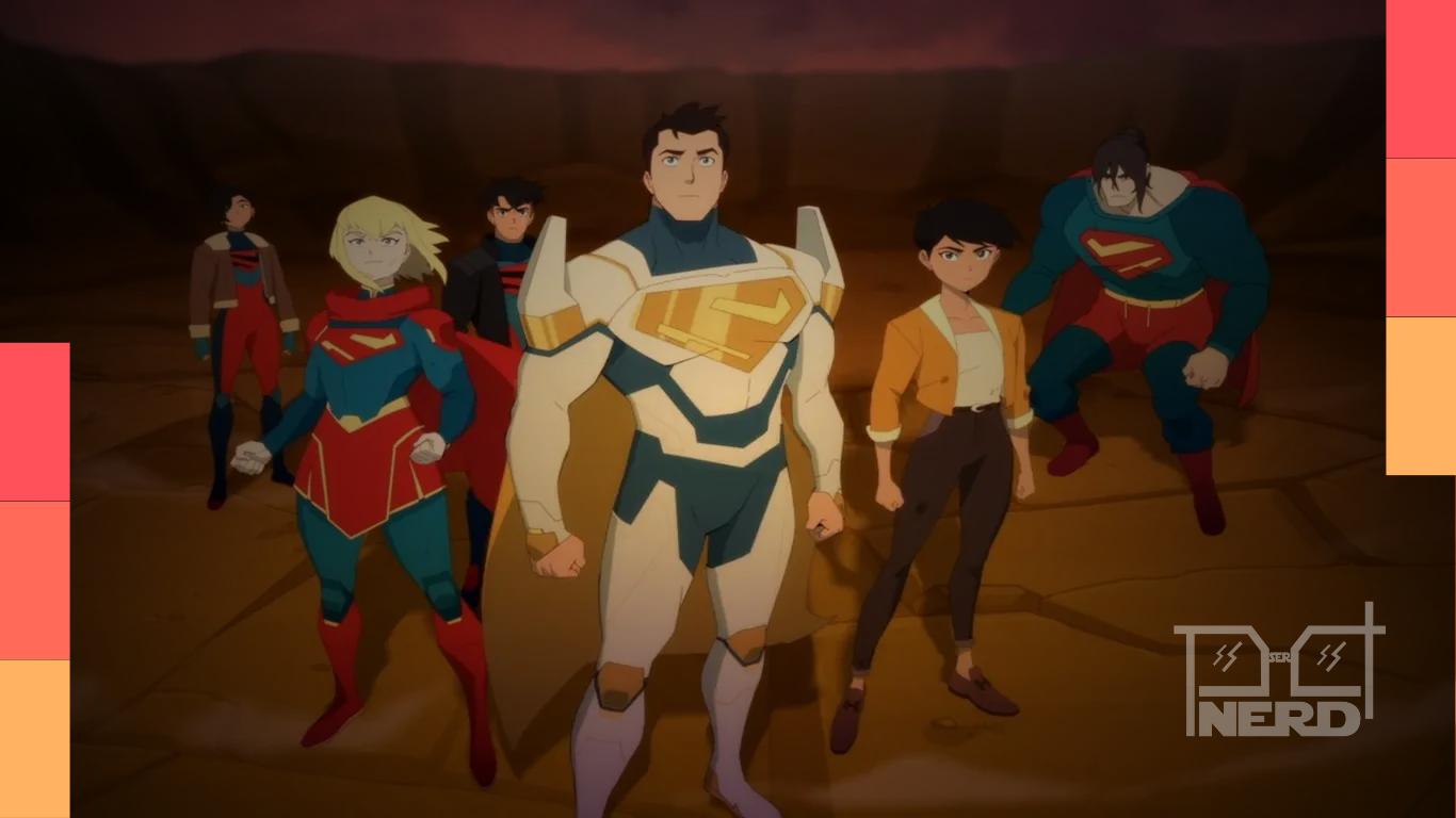 Clark, Lois, Jimmy e Supergirl em cena de Minhas Aventuras com Superman com estética de anime