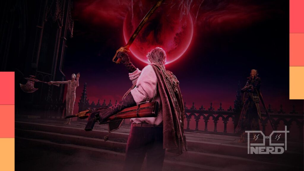 Homem segurando um símbolo de Elden Ring ao lado de um emblema de The Duskbloods, sugerindo sequência multiplayer da FromSoftware
