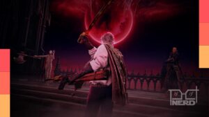 Homem segurando um símbolo de Elden Ring ao lado de um emblema de The Duskbloods, sugerindo sequência multiplayer da FromSoftware