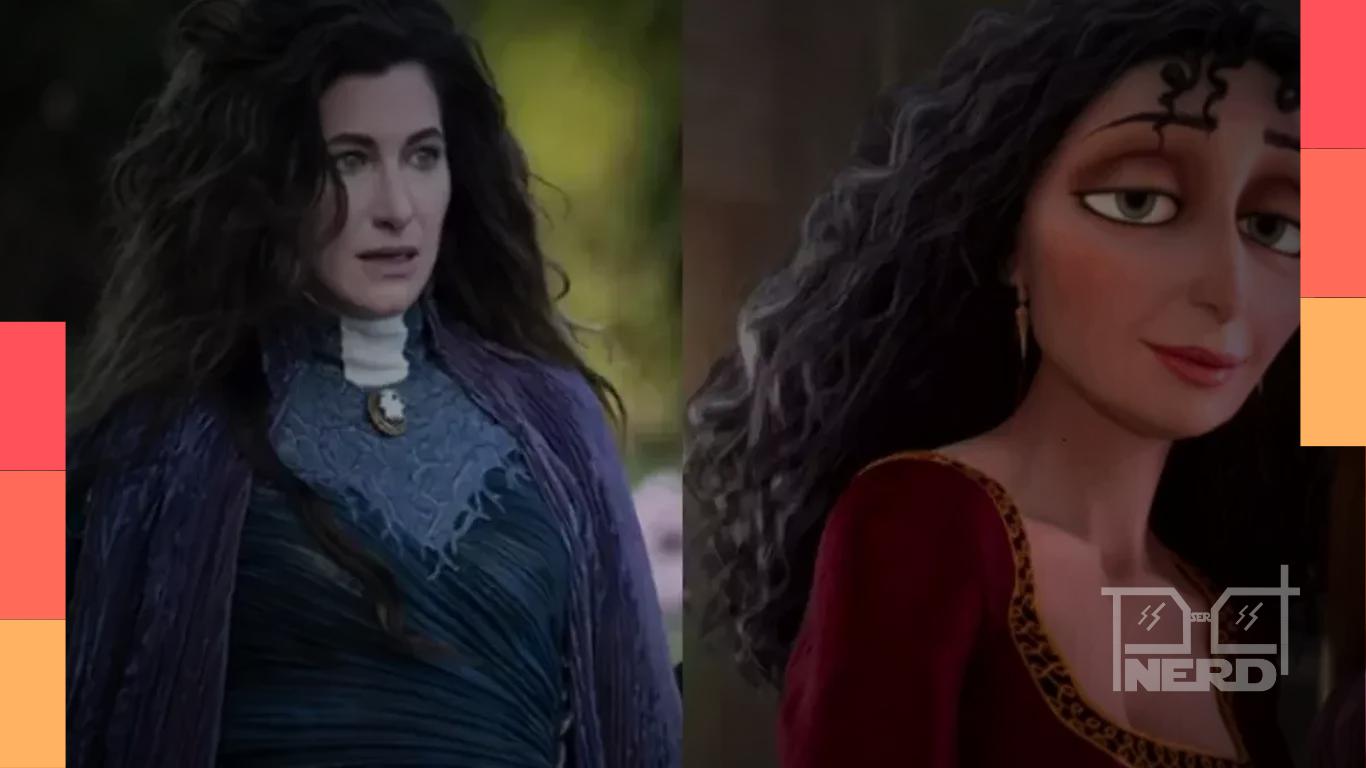 Kathryn Hahn em caracterização de Mãe Gothel andando em cenários do set de Enrolados live-action