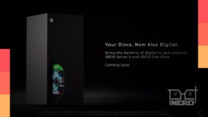 Ilustração do console Xbox mostrando um disco sendo transferido para a biblioteca digital