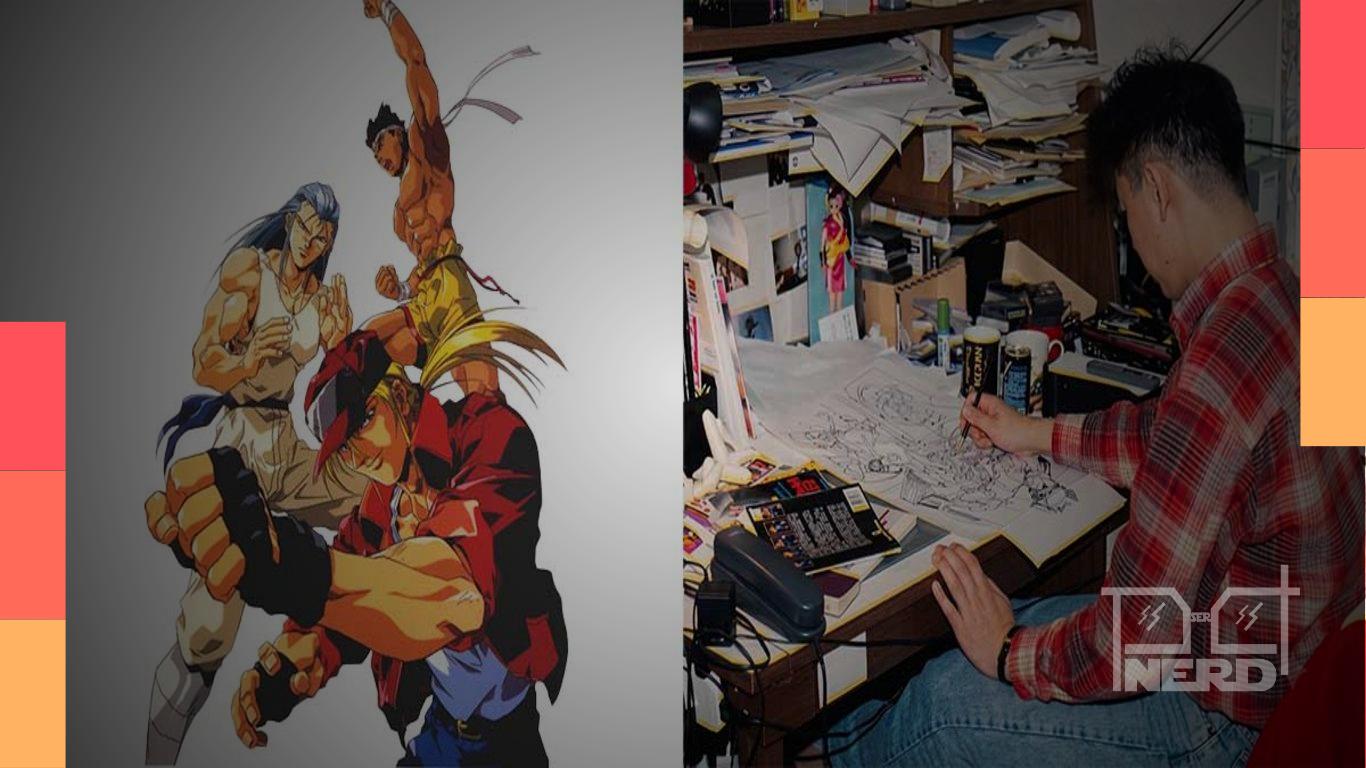 Ilustração de Masami Ōbari em entrevista de 1995 falando sobre criação de personagens de Fatal Fury, com foco em silhueta e movimento